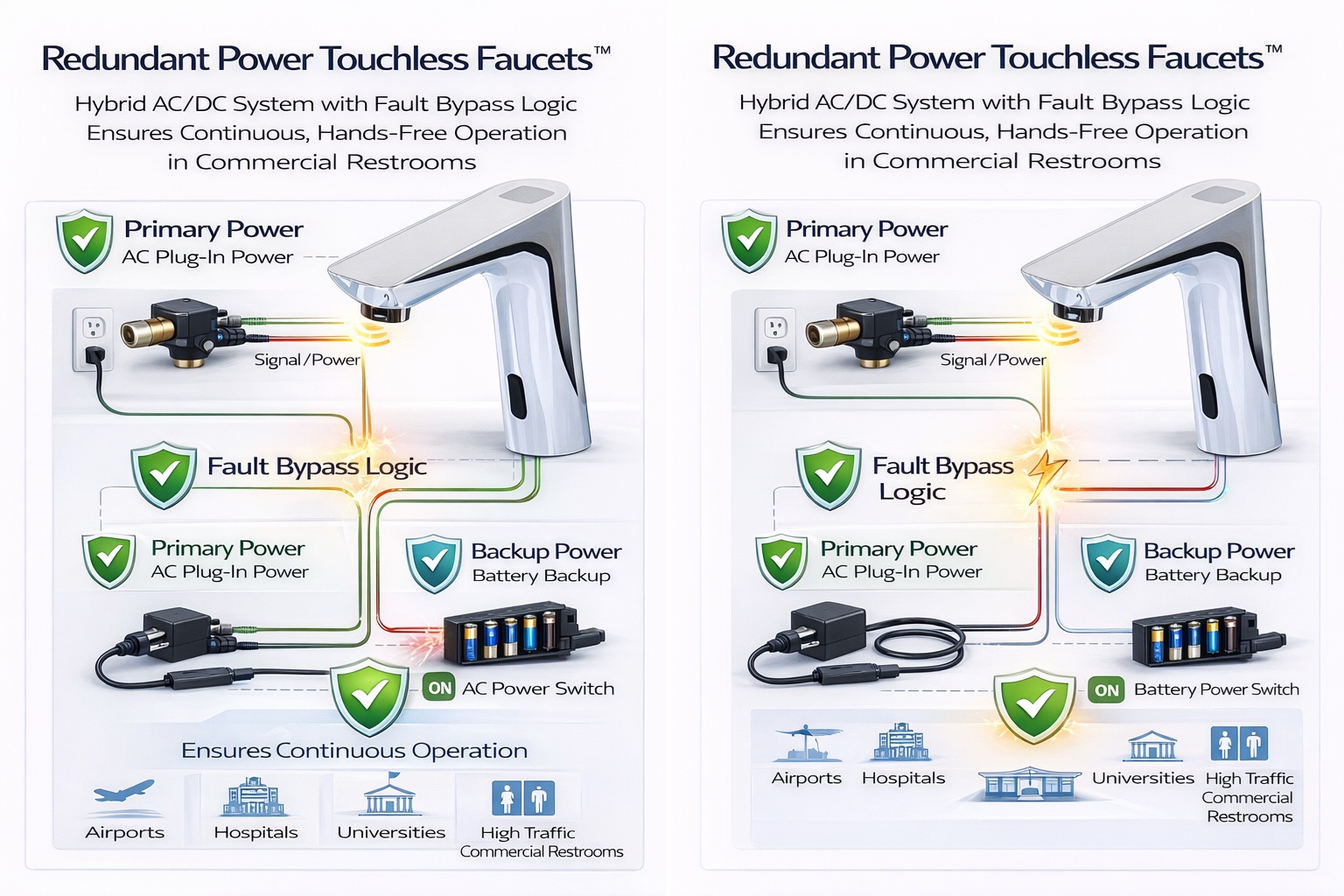 Redundant Power Touchless Faucet for commercial restrooms